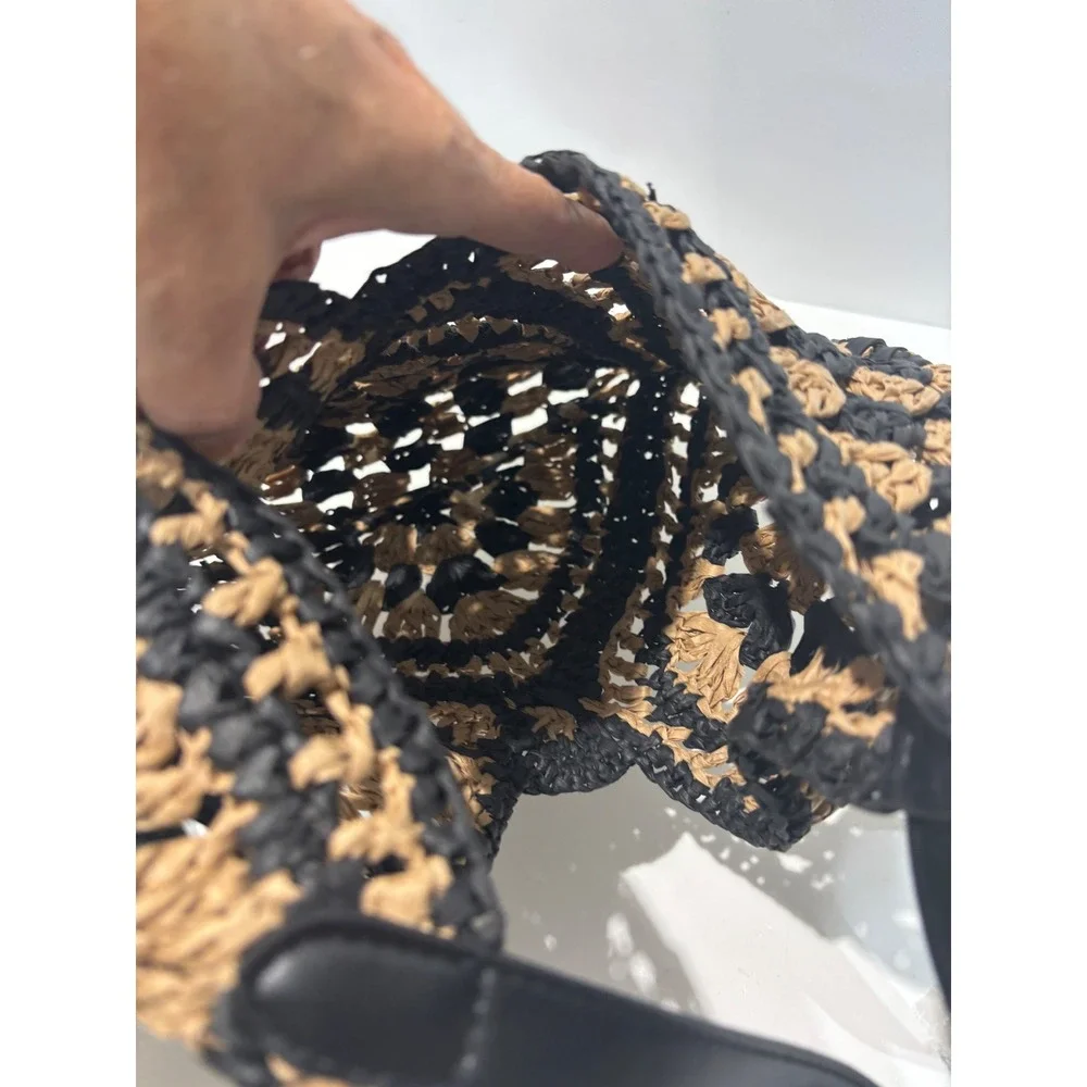 A New Day Straw Hobo Bag Women One Size Black Tan Crochet Woven Shoulder Bag